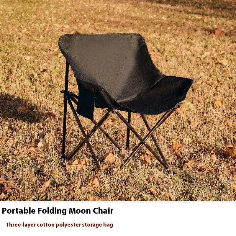 Beige portable folding chair with steel frame and Oxford cloth seat, unfolded for outdoor use.