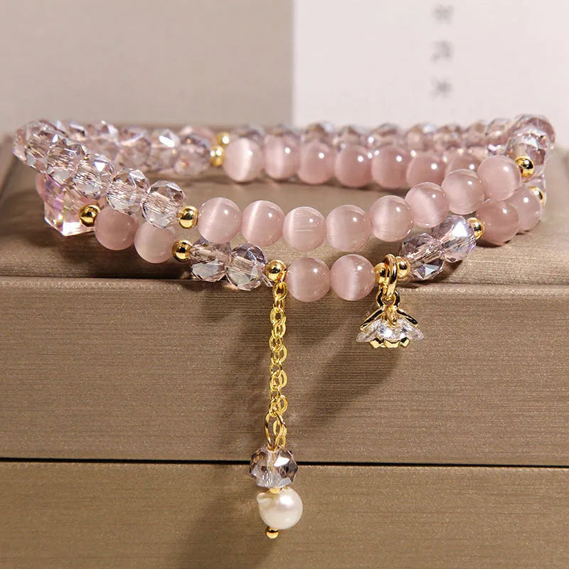 New Chinese style opal double ring bracelet for women with gold-plated cat eye crystal and zircon flower
