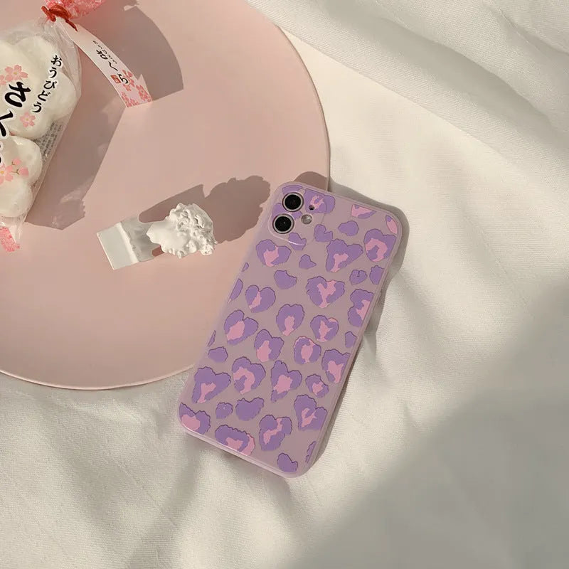 Frosted silicone Apple iPhone back cover in Purple Leopard, painted finish, fits models 7 to 13 Pro.