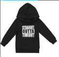 Children's black hooded sweater with white letter pattern, long sleeves, and pullover design
