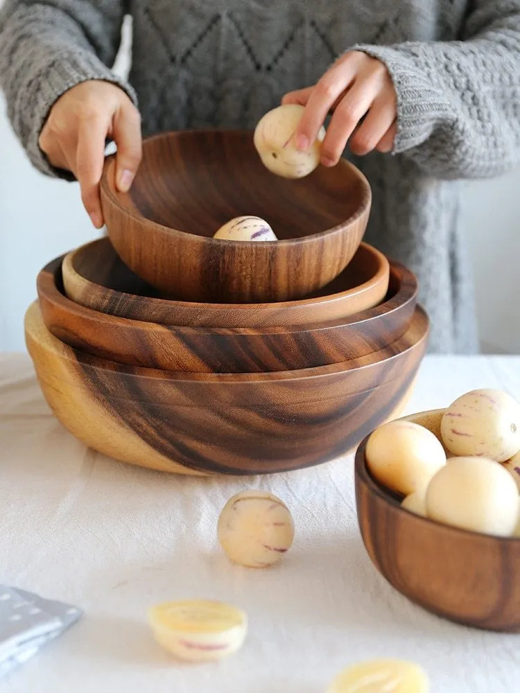 Brown wooden bowl set with natural grain, Japanese design, multiple sizes for kitchen serving
