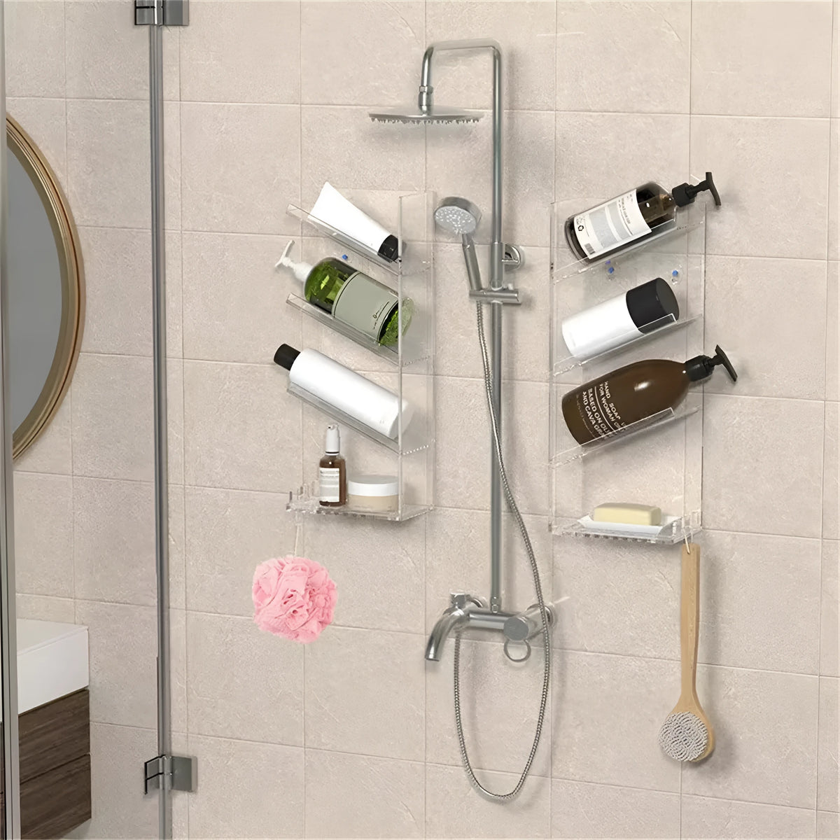 Transparent acrylic 4-layer wall-mounted bathroom storage rack for perfumes and toiletries