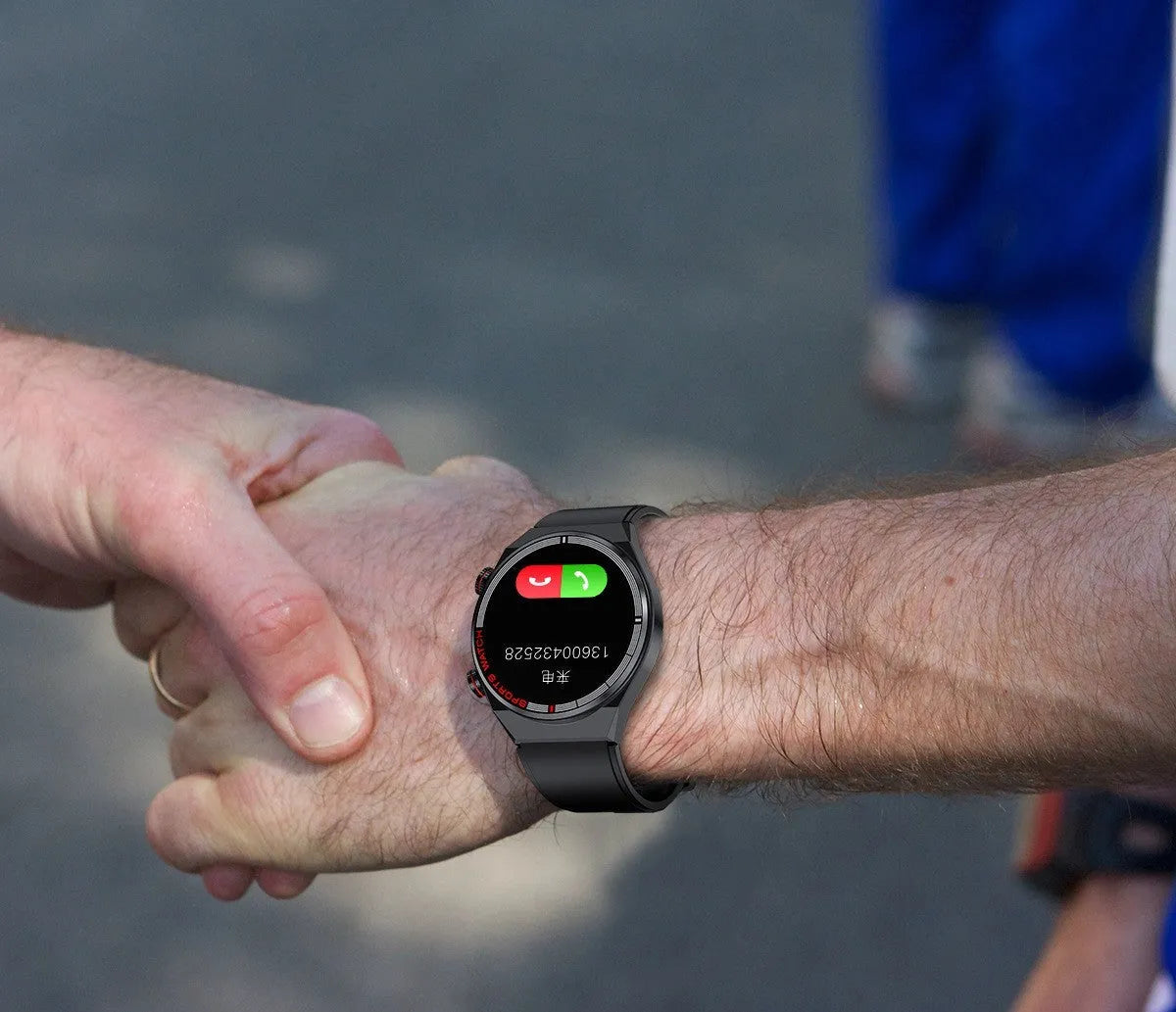 Rotary key Bluetooth smartwatch with touch screen on a genuine leather strap, showing call and fitness tracking interface.