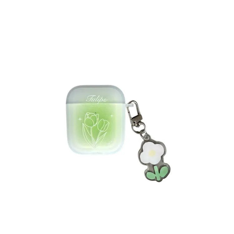 Transparent green TPU earphone sleeve with embossed cartoon tulip design for Apple AirPods