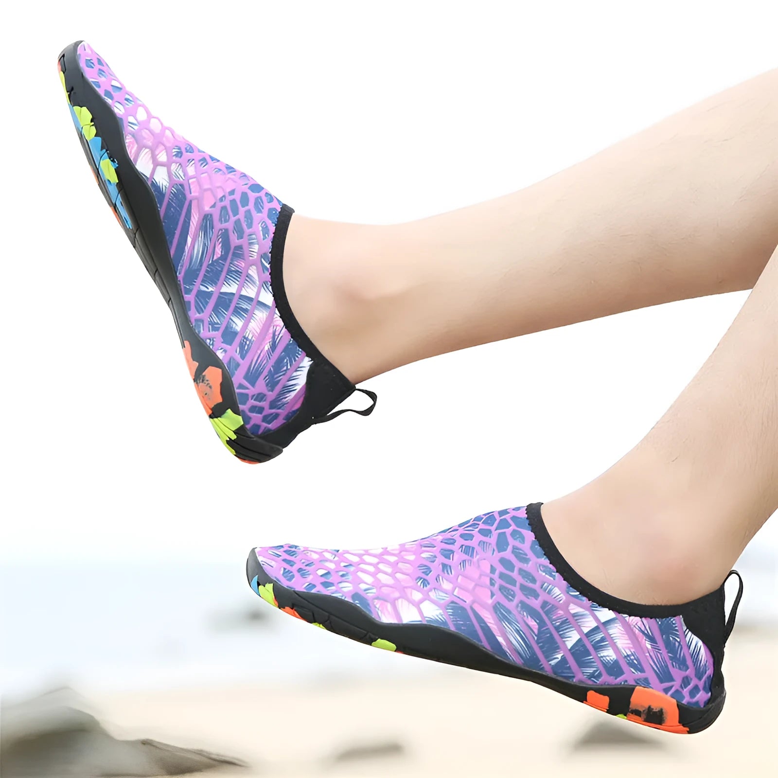 Blue leak-proof beach wading shoes with Lycra upper for men and women on a sandy background