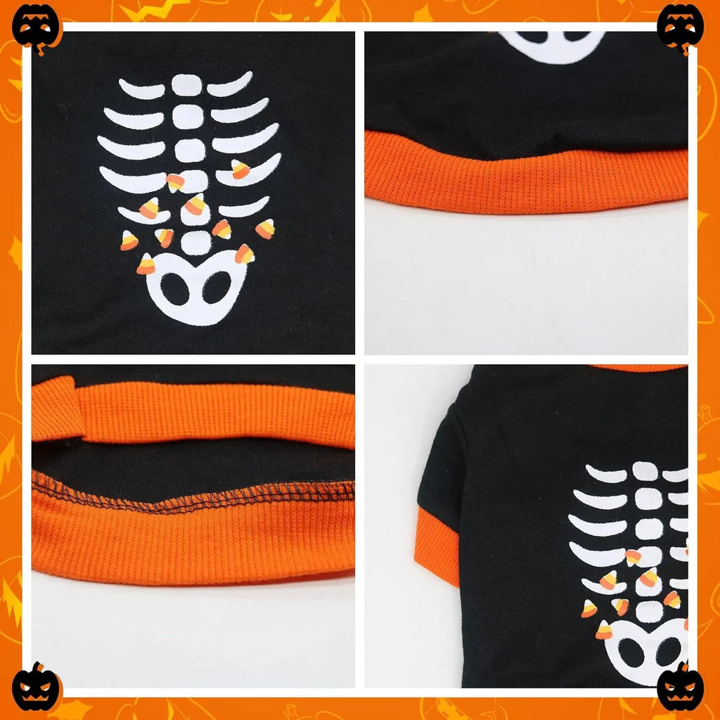 Orange dog skeleton costume sweatshirt with ribbed collar on small breed dog