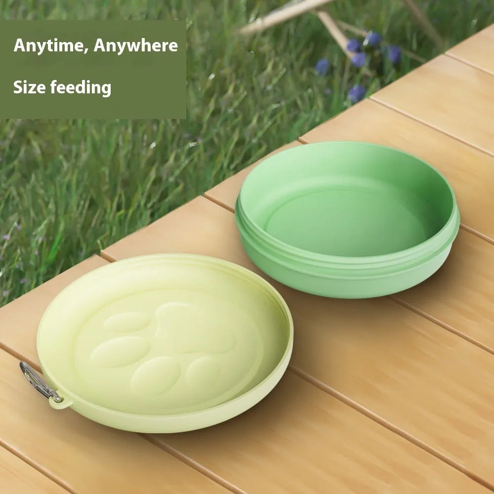 Portable dog food bowl set with snack box compartment in pink and green colour options