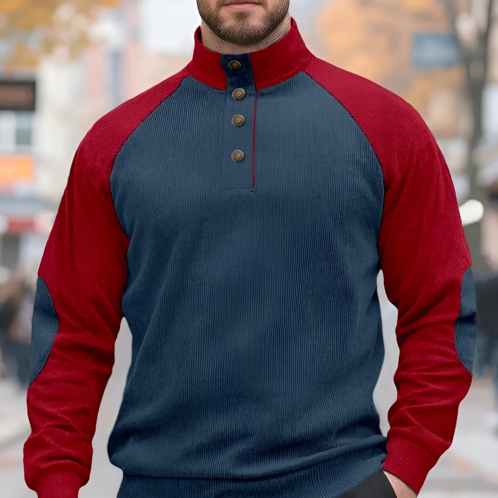 Men's raglan sleeve striped stand collar loose fit sweater in Navy/Burgundy colour