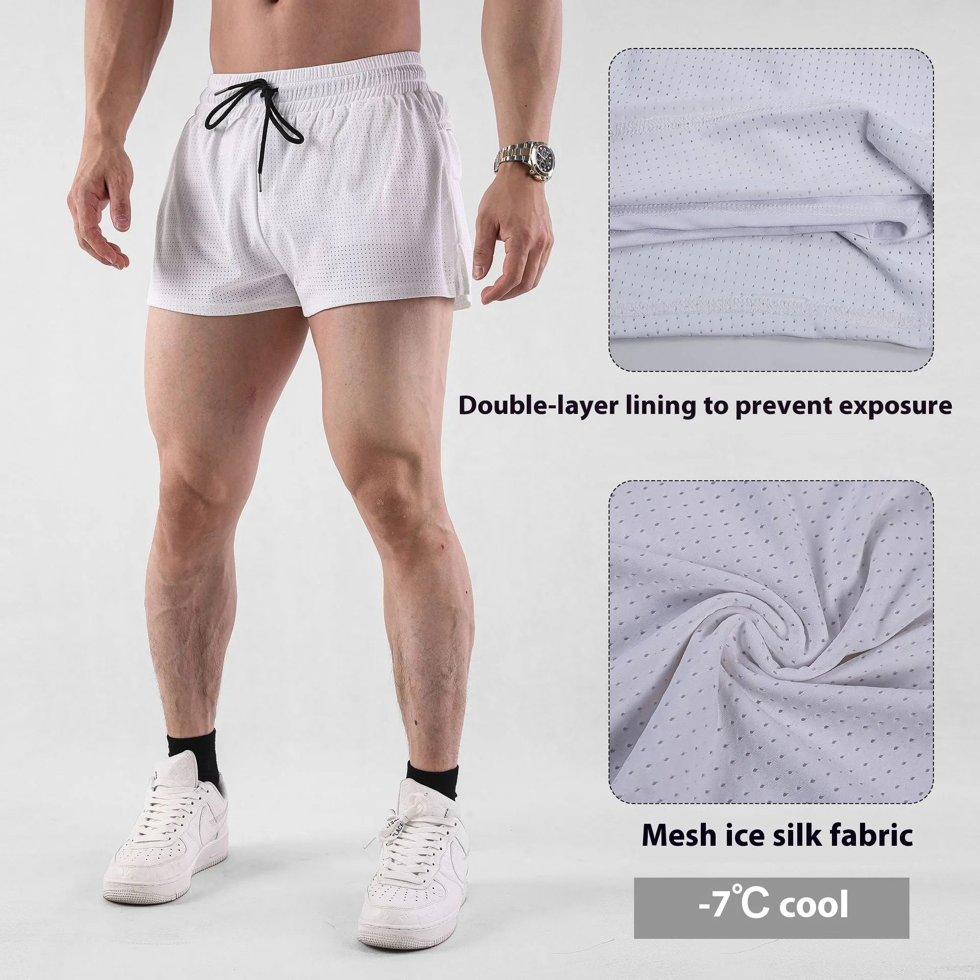 Man wearing black quick-drying nylon summer shorts in a sports leisure style.