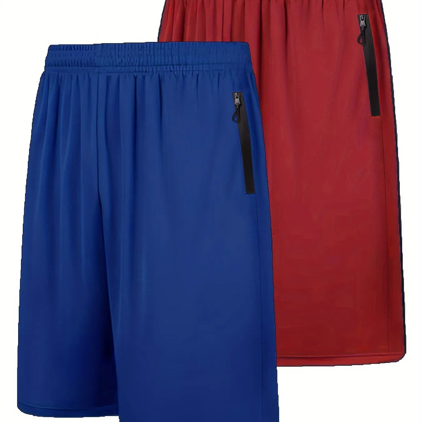 Two quick-drying men's sports shorts with elastic waist belt in dark gray and light gray, polyester fabric