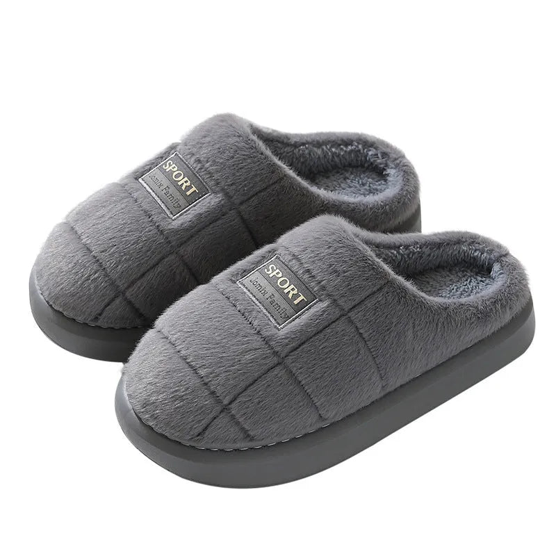 Men's grey and brown plaid rabbit hair slippers with thick EVA sole