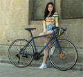 Aluminium alloy road bike with flat handlebar in matte blue finish 48cm frame size