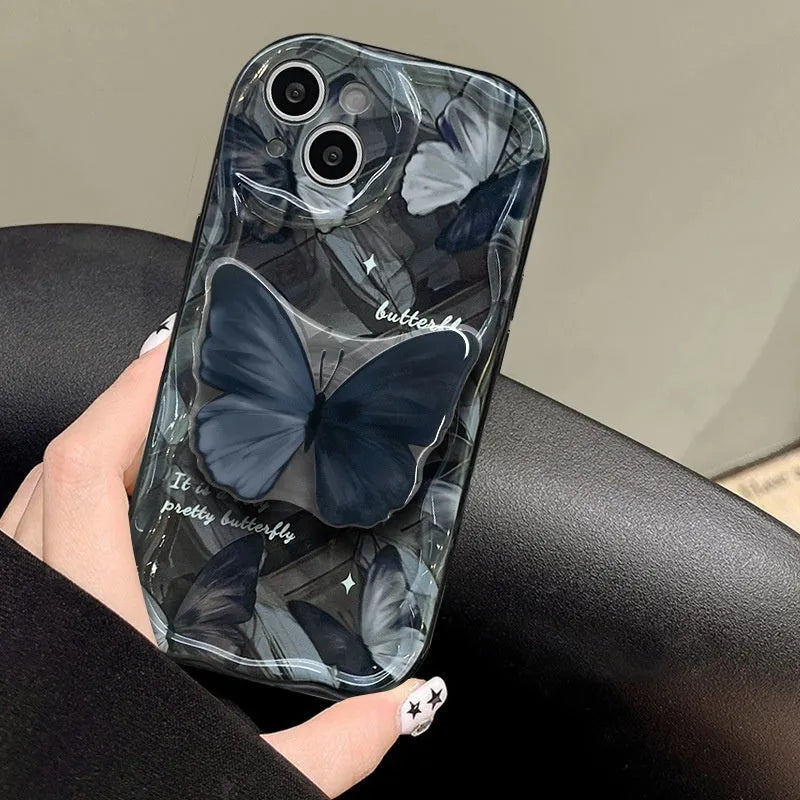 Silicone phone case with butterfly bracket in black for iPhone drop protection