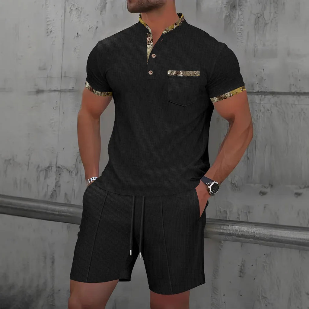 Men's grey waffle texture zipper polo collar short sleeve top and shorts casual suit set.