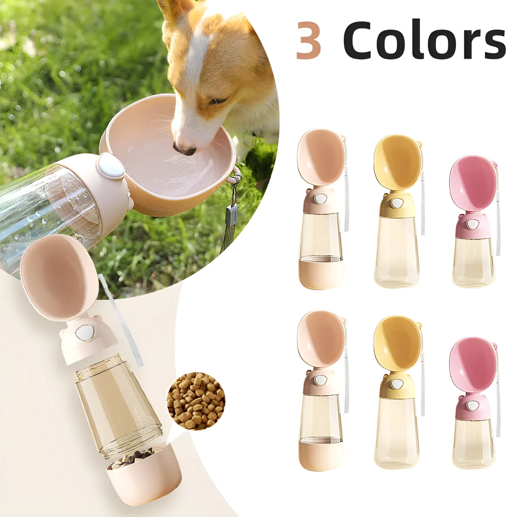 Portable dog water bottle and feeder bowl in brown, pink, or yellow for outdoor travel.