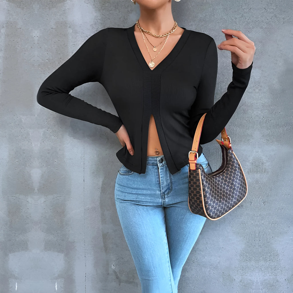 Black women's long sleeve slim fit cropped T-shirt with split neck and slit detail, sizes XS-XL