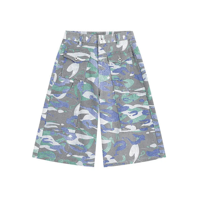 Camouflage pattern cotton cropped workwear trousers with straight leg and pockets on a mannequin