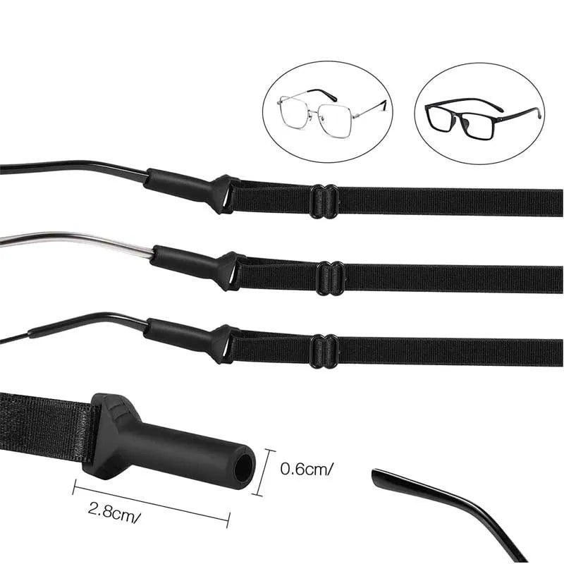 Black adjustable glasses cord with silicone earpiece tips for anti-slip eyewear retention