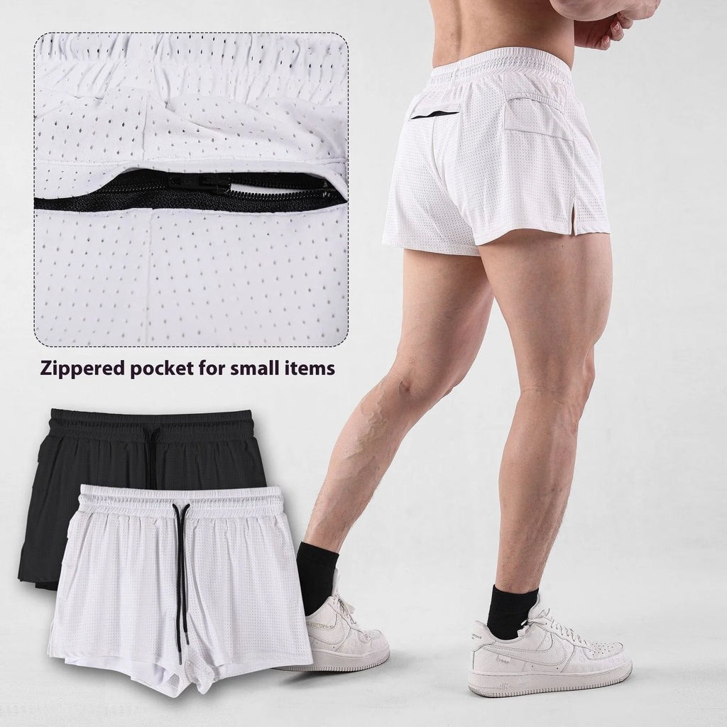 Man wearing black quick-drying nylon summer shorts in a sports leisure style.