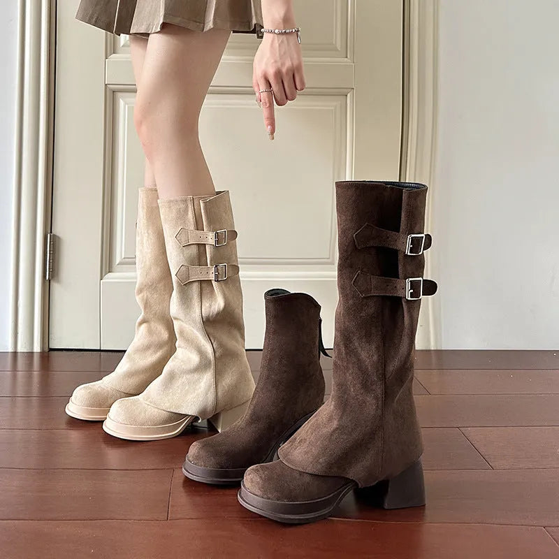 Removable pile style boots in apricot suede with chunky heel and platform, high leg shaft