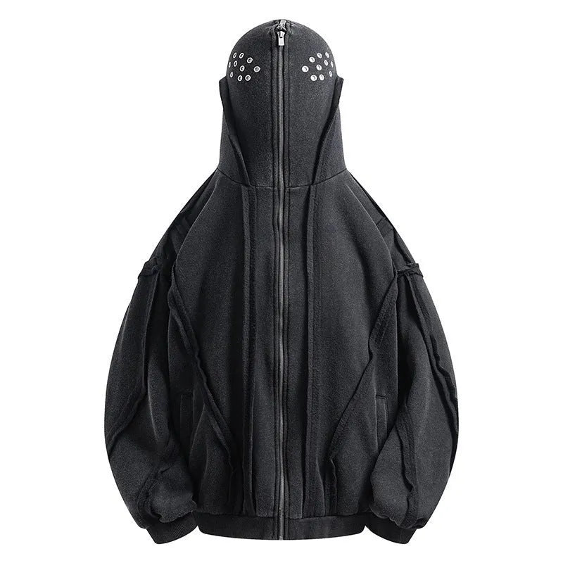Black retro abstract pattern loose-fit zip hooded cotton coat on a hanger.