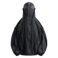 Black loose-fit padded cotton coat with hood and abstract pattern, front zip.