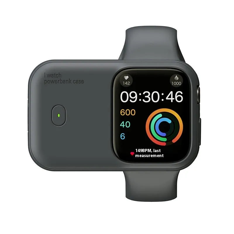 Apple Watch portable charging case with silicone sleeve, shown alongside compatible watch.