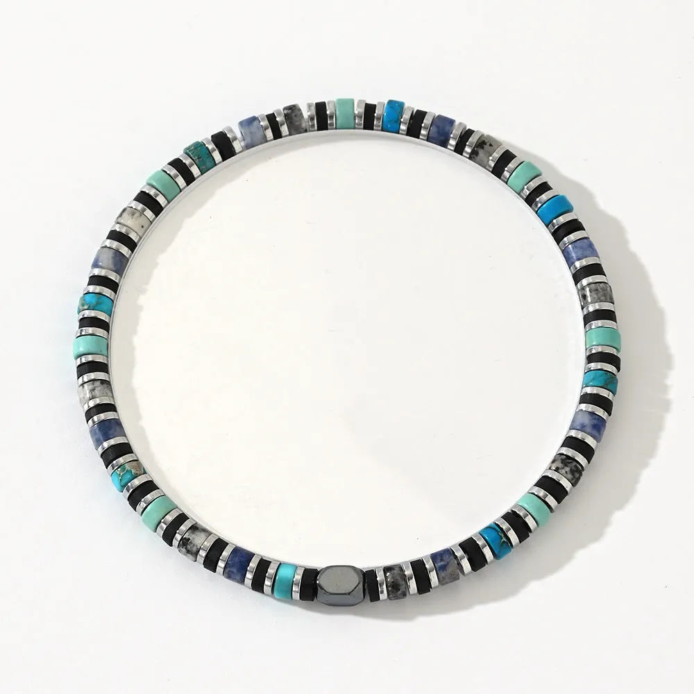 Hand-woven cylindrical bracelet made from natural semi-precious stones in a Bohemian style.