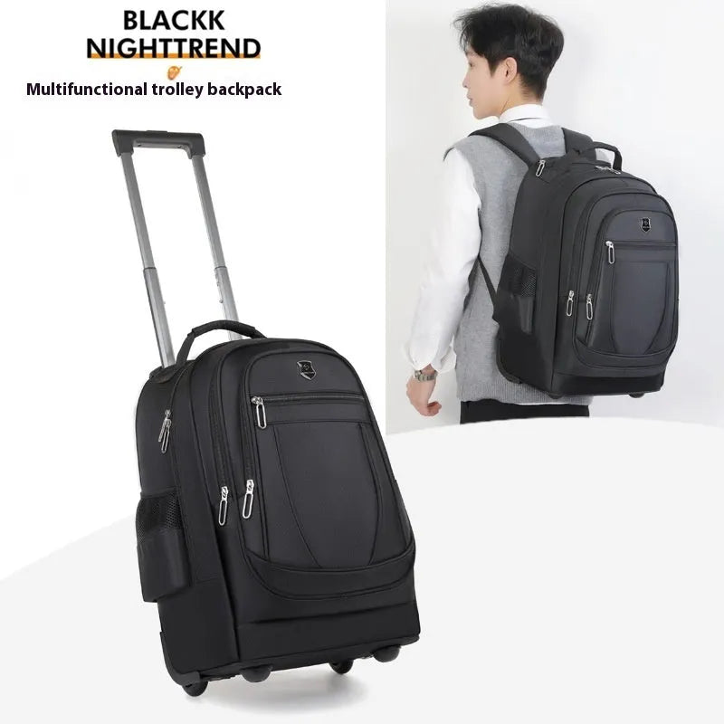 Large capacity drawbar Oxford cloth backpack in black with visible sewing thread, breathable back panel, and air pillow belt system