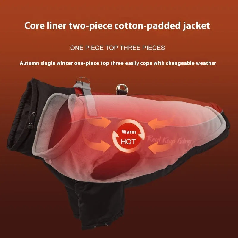 Polar fleece dog jacket with separate liner in a two-tone colour combination on a mannequin.