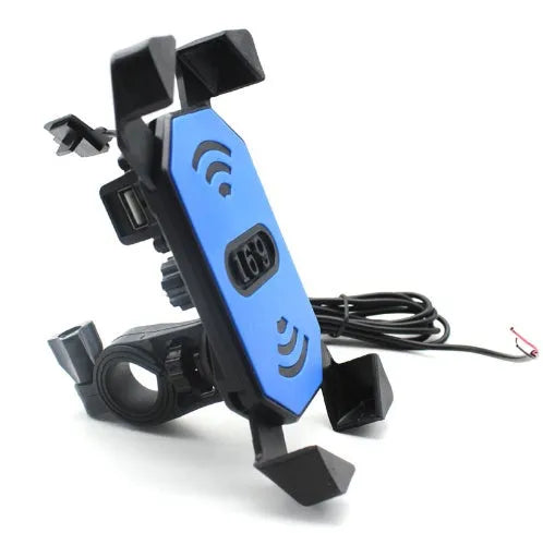 Black ABS motorcycle phone holder with charging port mounted on handlebar with adjustable phone cradle