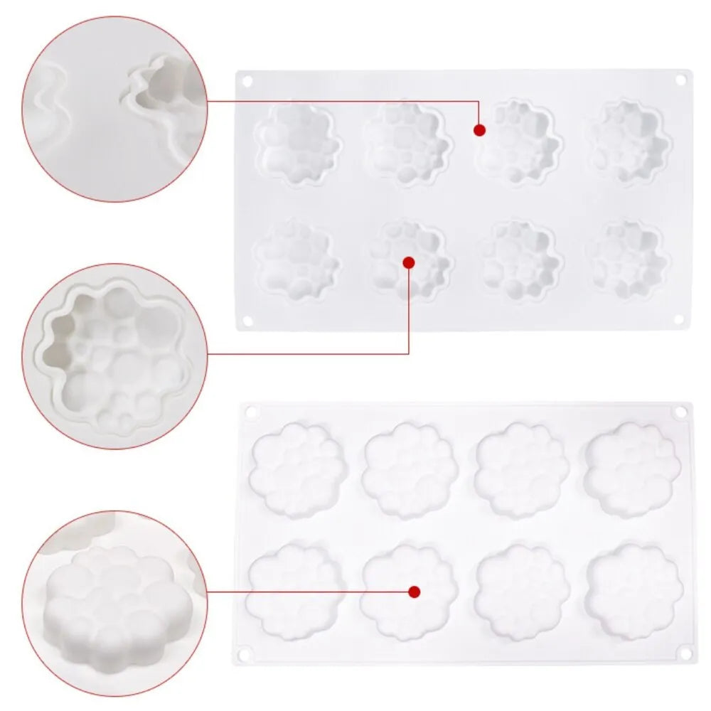 Round silicone cake mould with bubble tower pattern showing 8 raised decorative bubbles