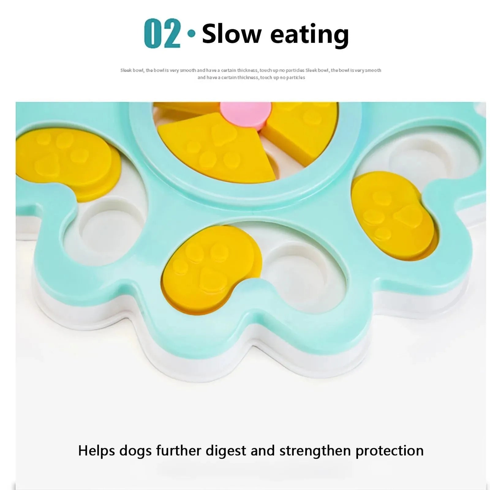 Flower-shaped blue dog puzzle slow bowl with multiple feeding compartments