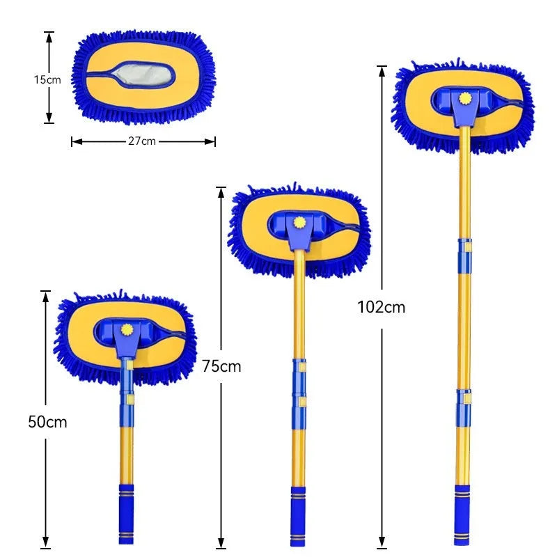 Telescopic curved rod car wash mop with yellow chenille brush head and aluminium alloy shaft