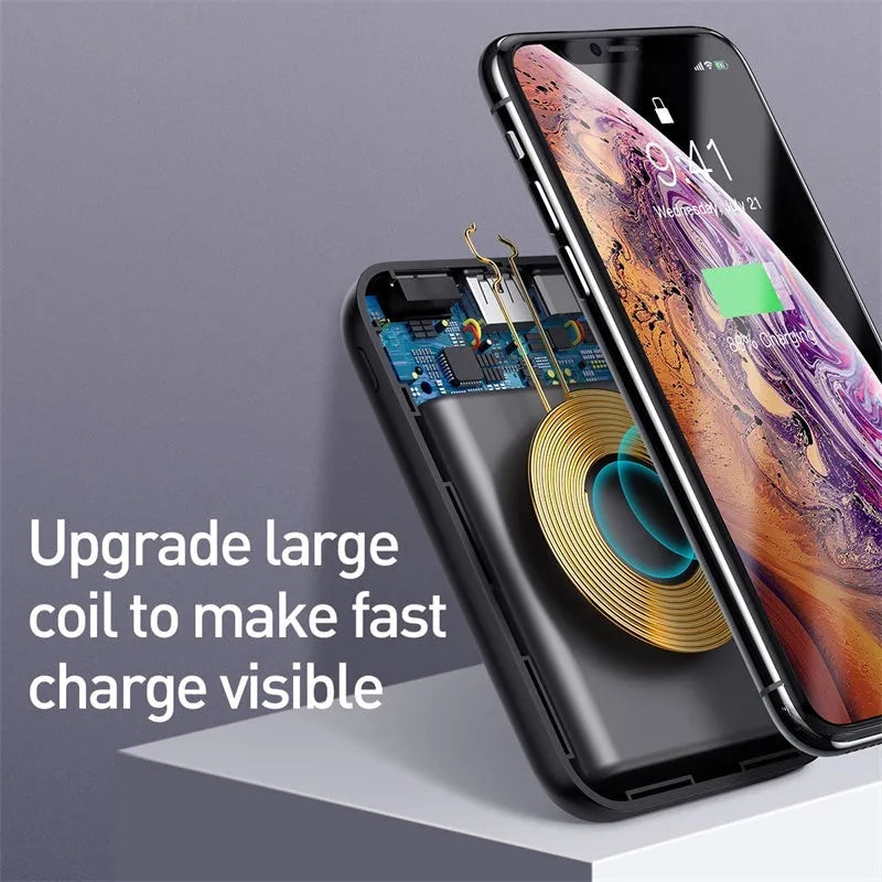 Small square black 10000mAh power bank with wireless charging symbol and digital display.