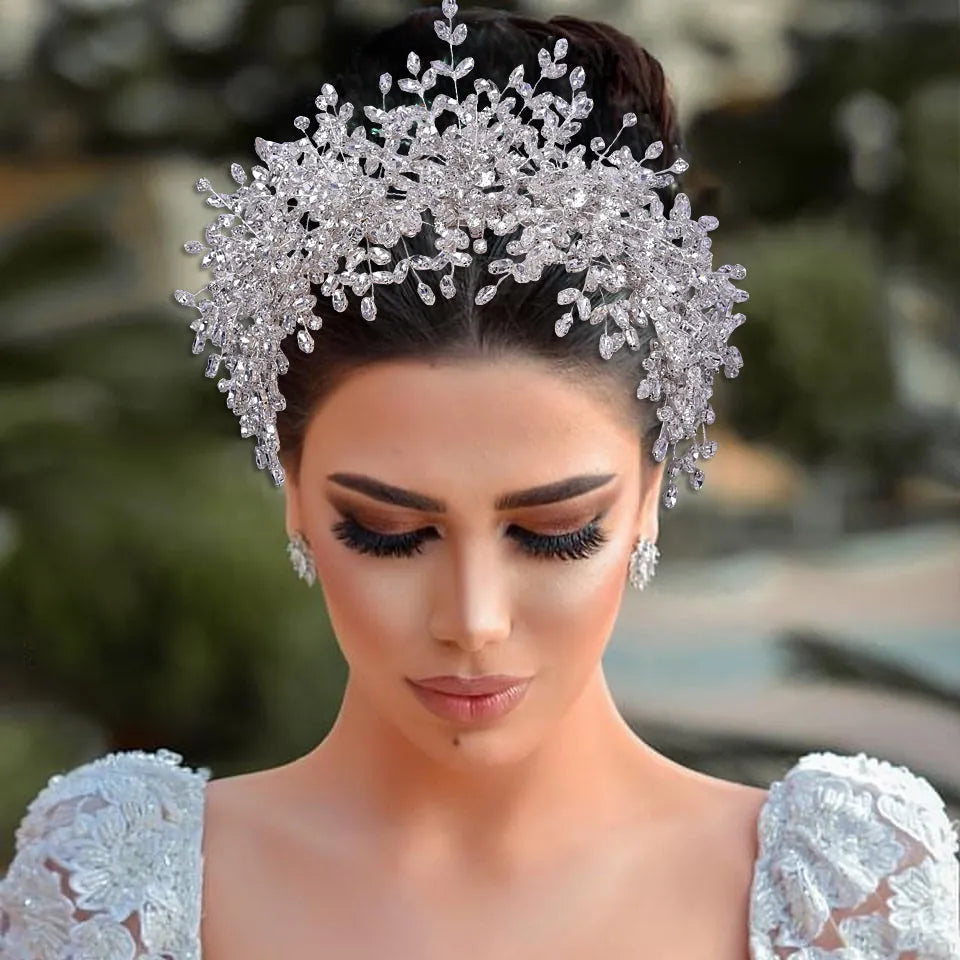 Heavy handmade rhinestone ice and snow queen wedding crown tiara in silver with crystal beaded detailing