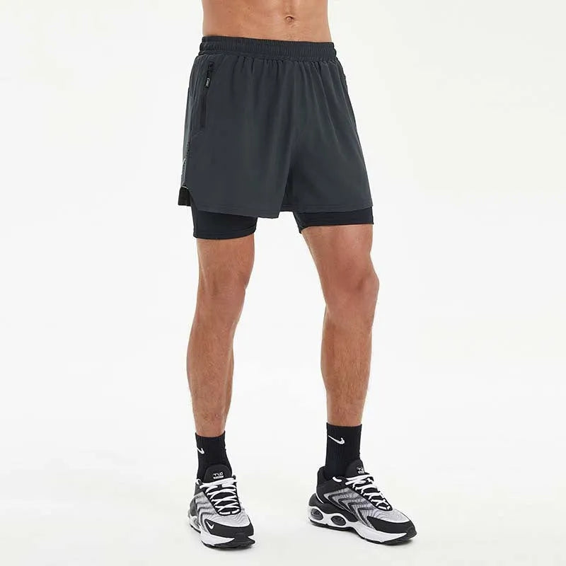 Men's black double-layer running shorts with inner liner for summer sports and fitness training