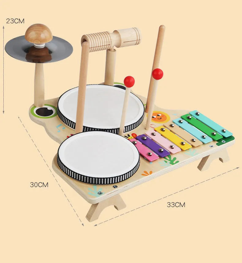 Wooden frog multi-functional drum kit early educational toy, 33 x 30 x 23cm, colour box, for children aged 3-6 years