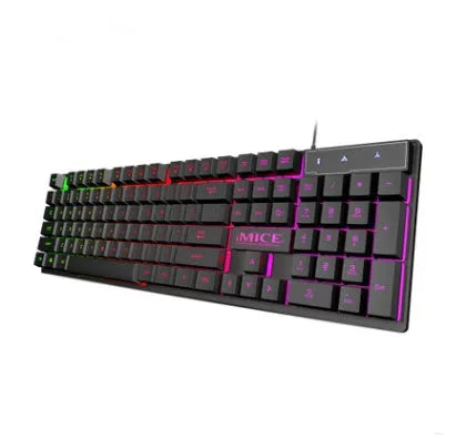 Black USB wired luminous gaming keyboard with frosted keycaps on a desk.