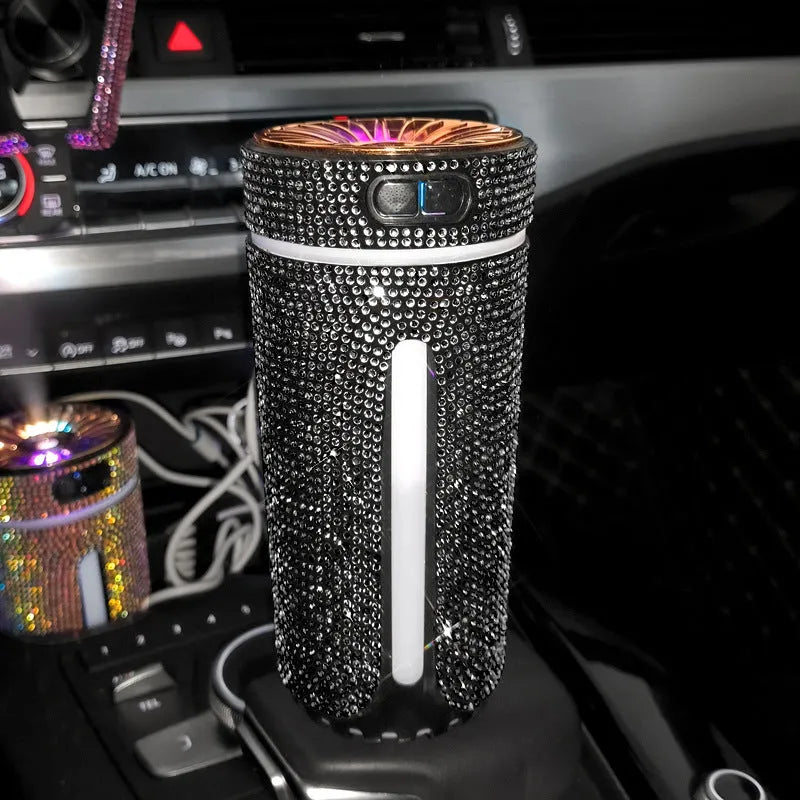 Diamond design car humidifier with LED lights showing 15cm size and USB power port