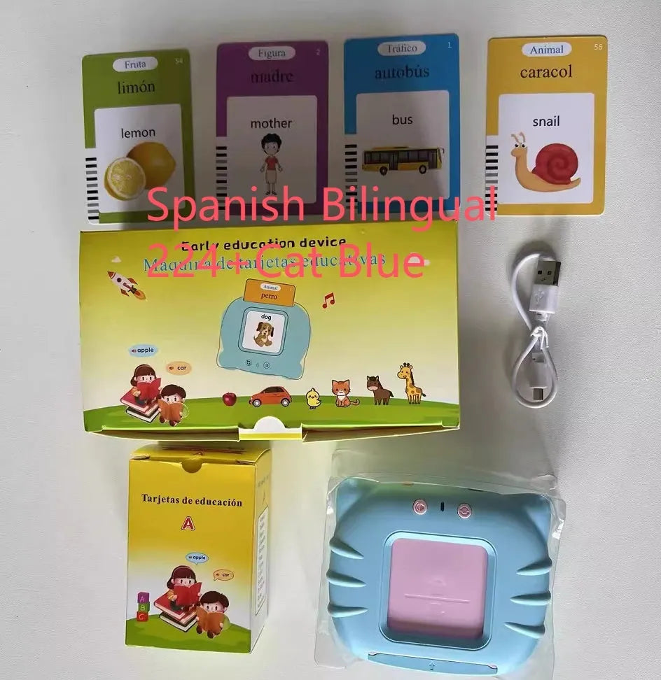 Blue children's learning machine with audiobook cards for English early education.