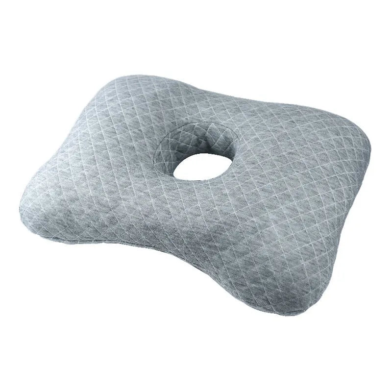 Beauty salon single hole ear pillow with detachable cover in grey, shown next to a towel.