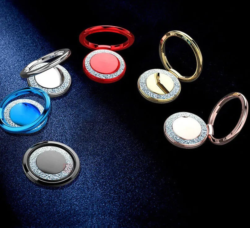 Bling glitter phone holder ring in six colours showing rotation and flip functions