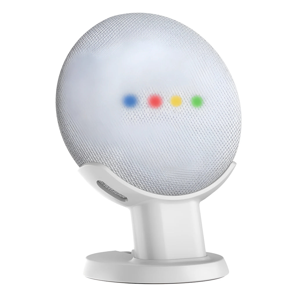 Black or white plastic stand holding a Google Home Mini voice assistant on a desk.
