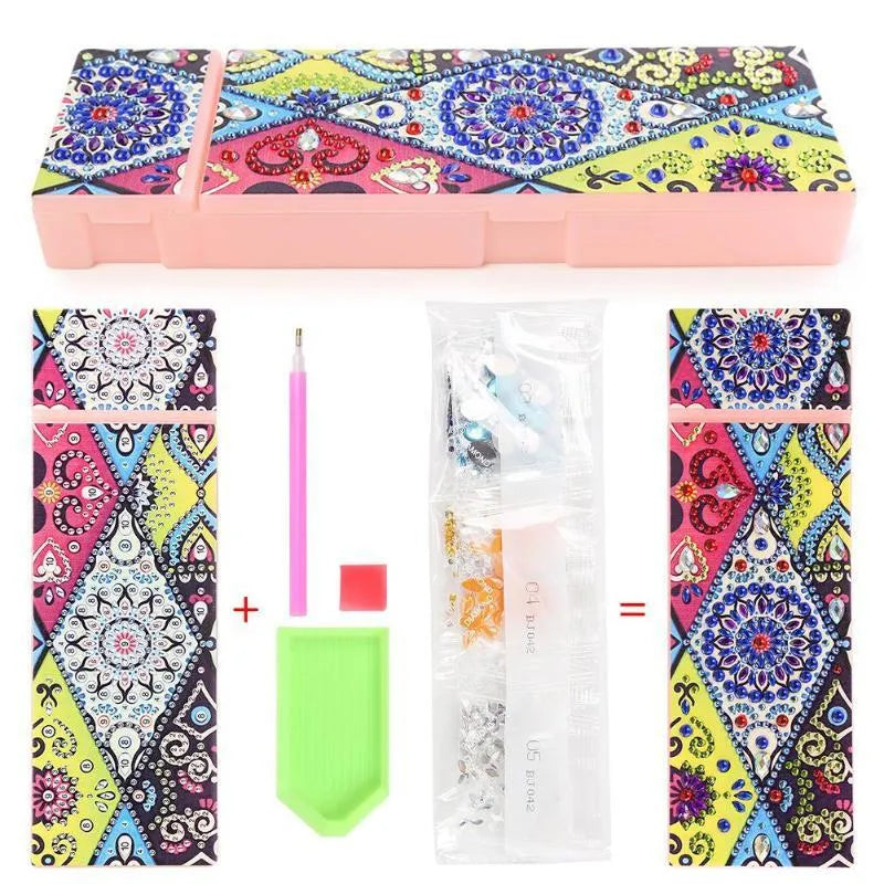 DIY diamond painting kit with PU leather wristlet pencil case, resin diamonds, and crafting tools laid out.