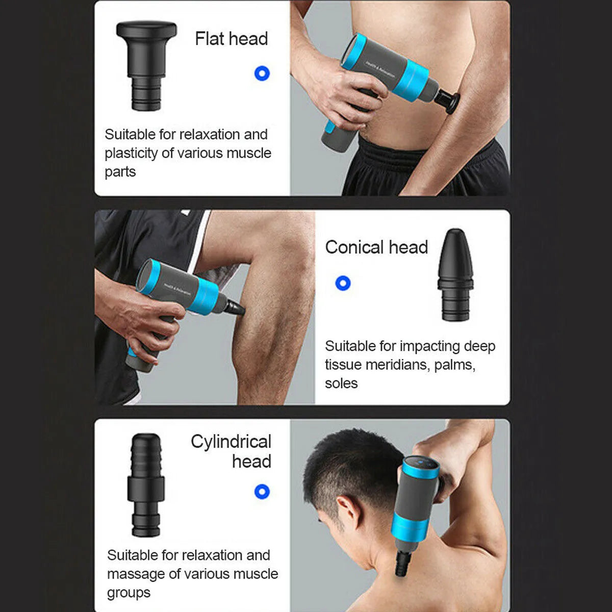 Grey electric percussion muscle massage gun with ergonomic handle, touch screen, and three massage heads on display