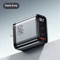 Gallium nitride three-port 65W charger with smart digital display in black, showing Type-C port