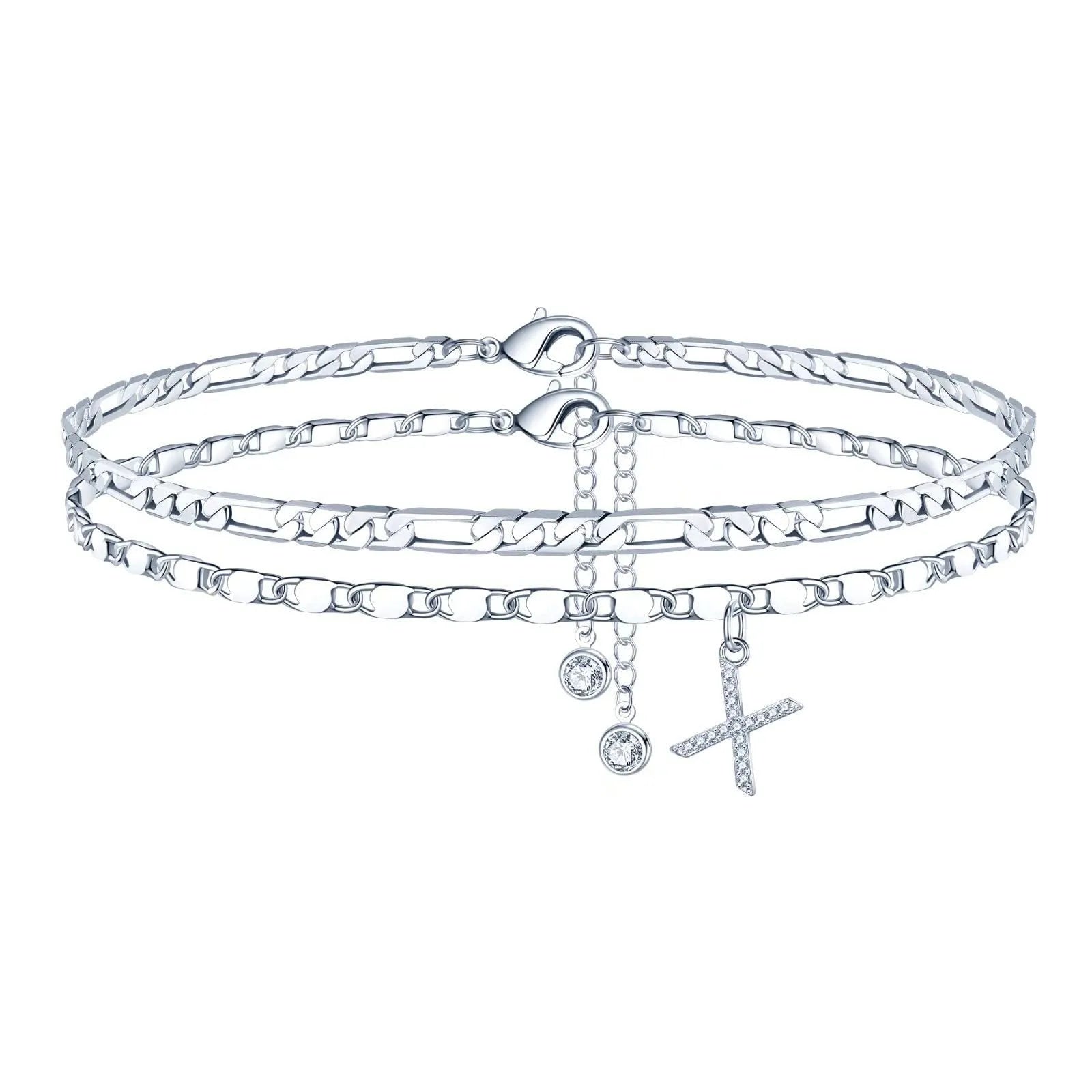 Silver-coloured double-circle bead copper anklet showing alphabet letter modelling on ankle.