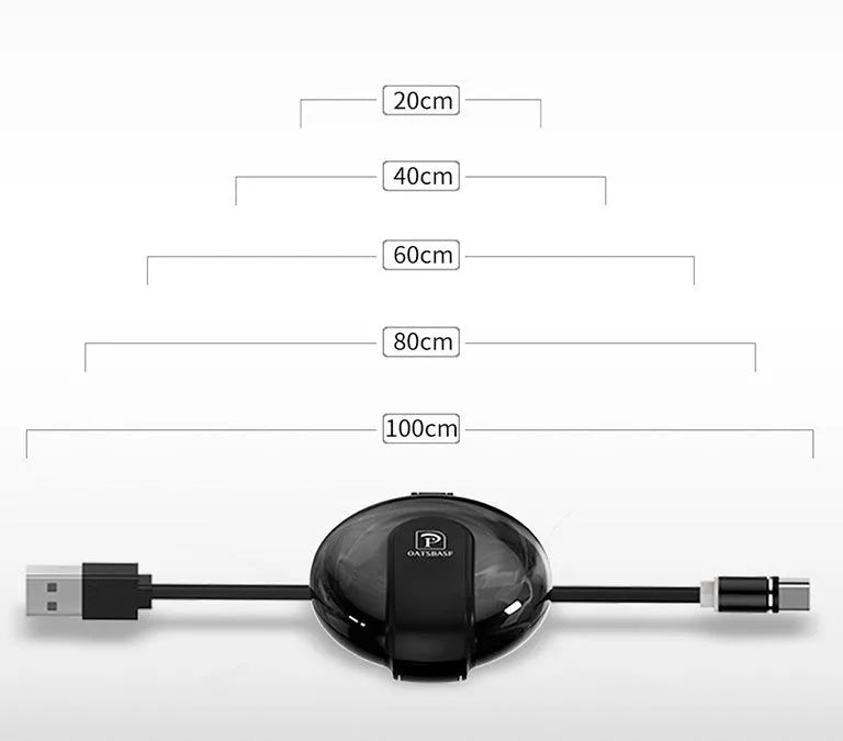 Black 3-in-1 magnetic retractable charger with car mount patch and 1-metre cable