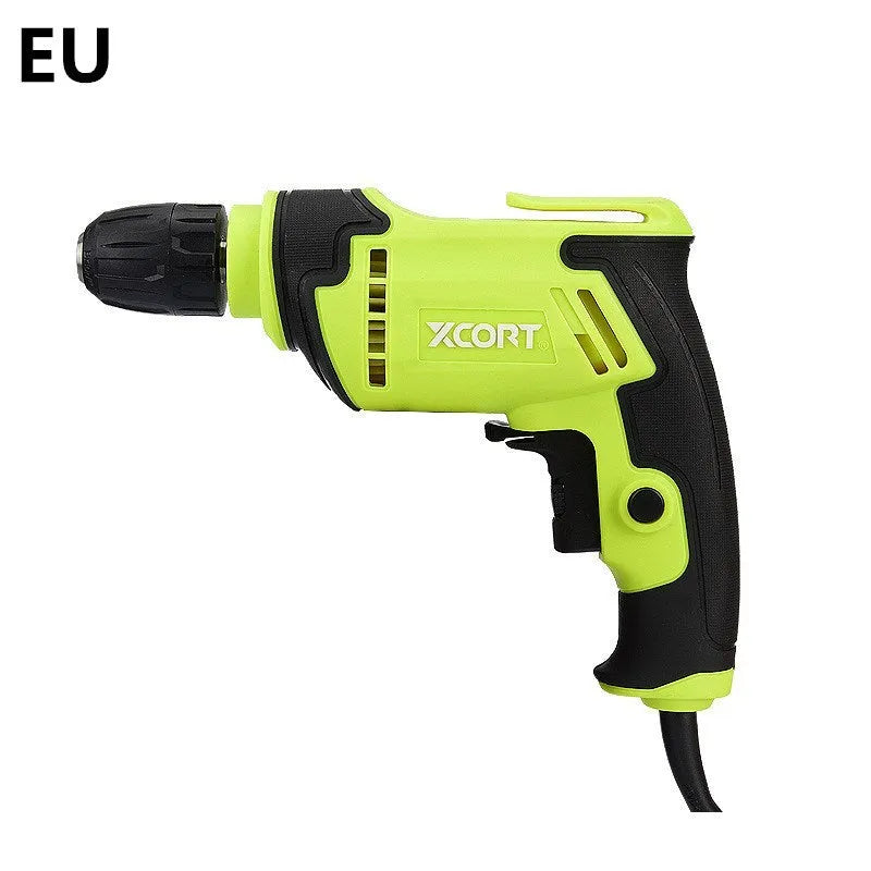 Pistol-grip high-speed 450W electric drill with a black and silver body and keyless chuck.